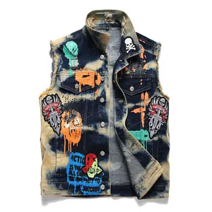 Retro Locomotiva Metal Rock Gilet Cardigan in denim ricamato da uomo Gilet da motociclista sottile estivo Esplosione nucleare Streetwear