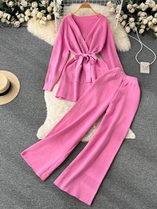 Dwuczęściowe spodnie damskie Singreiny Winter Casual Suits Suits Długie rękaw dzianin płaszcz kardigan elastyczna talia szeroka noga spodnie Kobieta luźne zestawy sweter 221130