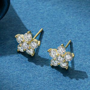 Stud 5 Petal Flower Earrings White Gold for Women 925 Sterling Silver Diamond Gift Jewerly 221130