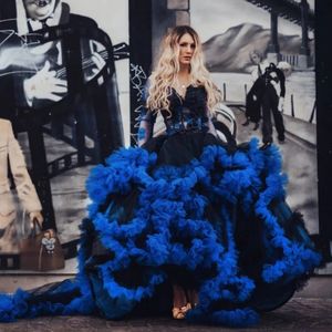 Langarm Prinzessin Prom Kleider 2023 hohe niedrige Spitze Rüschen Klangfee Tüllrock Royal Blue Photoshooting Abendkleid