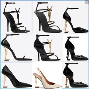 Damen-Designer-High-Heels-Schuhe, 10 cm, glänzendes Leder, spitze Zehen, Luxuskleid, Riemchensandalen, rote Unterseite, Damen-Absätze, goldfarbenes Monogramm