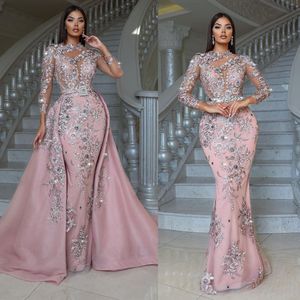 Evening Pink Mermaid Dress Woman Glitter Applique Flowers Prom Gowns Long Sleeves Party Night Dresses es