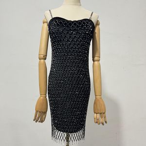 Hohles Strass-Sling-Netzkleid, Hochzeitszubehör, Kittel, sexy Strand, handgefertigt, gehäkelt, überlappende Quaste, Schmuckkleid