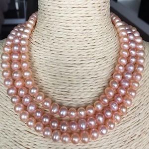 Triple Strands South 7-8mm South Gold Pink Pearl Necklace 17 