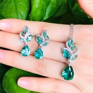 Necklace Earrings Set CWWZircons Chic Light Blue Dangle Drop CZ Crystal Leaf Pendant And Earring Ladies Jewelry Fashion Korean Style T430