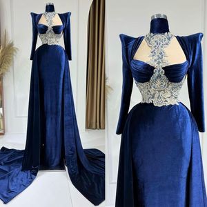 패션 로얄 블루 인어 이브닝 드레스 섹시한 높은 목 아플리케 파티 드레스 바닥 분리 가능한 기차 벨벳 형식 파티 가운