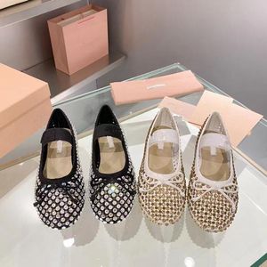 Miu Rhinestones. Hollow-out ballet shoes for women party Holiday Girls Crystal flat soled Shiny Female banquet wedding Mary Jane Shoes with box