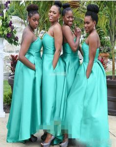 Turquoise Bridesmaid Dresses Strapless Satin with Pockets Ankle Length Beach Plus Size Wedding Guest Gowns Custom Made Formal Evening Wear