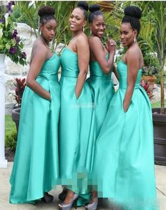 Turquoise Bridesmaid Dresses Strapless Satin With Pockets Ankle Length Beach Plus Size Wedding Guest Gowns Custom Made Formal Evening Wear