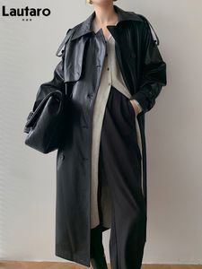 女性Sジャケットラウタロ秋、女性用ラグランスリーブダブルブレストブラウン韓国ファッション221130のためのロングサイズの黒いフェイクレザートレンチコート221130