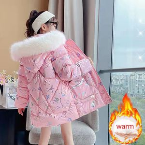 Down Coat Winter Children s Cotton Padded Solid Color Medium Long Jacket Girls Thicken Warm Kids Fur Hooded Parka Clothes TZ87 221130