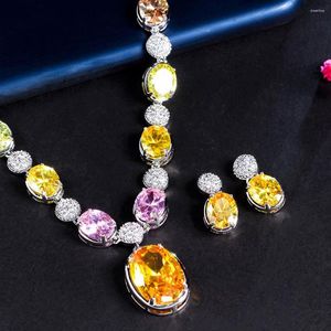 Brincos de colar Conjunto de cwwzircões brilhantes multicolor grande oval zircônia cúbica pavimentada jóias de casamento de noiva de alta qualidade acessórios de fantasia