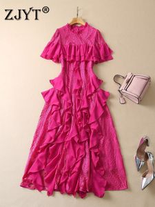 Runway Luxury Designer Ruffles Patchwork Lace Dress for Women Party Elegant 2023 Spring Summer Midi Vestidos Short Sleeve