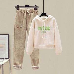 Women's Two Piece Pants Winter Woolen Female Suit Plus Velvet Thickening Loose Korean Lamb Plush Hoodie Casual Trouser Suits 221130