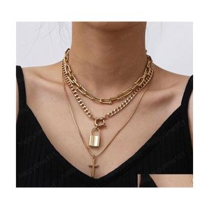 Pendant Necklaces Retro Cross Alloy Pendant Necklaces Mti Layer Circle Lock Clavicle Chain For Female Gift Gold White K Necklace Acc Dhkuo