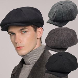Berets Thickened Wool Octagonal Hat Winter Felt Retro Sboy Vintage Herringbone Tweed Male Caps Man Big Size Beret