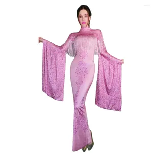 Stage Wear Sparkly Pink Rhinestone Fringe Spandex Long Dress Women Dancer Bar Show Outfit Club Birthday Celebrate prom party jurken