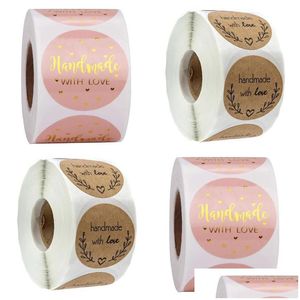 Adhesive Stickers 500Pcs Handmade With Love Kraft Paper Stickers 25Mm Pink Round Adhesive Labels Baking Wedding Party Decoration Sti Dhftz