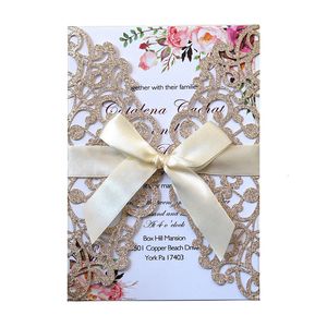 Andere Event -Party -Lieferungen 50pcs Laser Cut Hochzeitseinladungskarte Glitzer Papiergru￟karten mit Ribbon Customized Wedding Decoration Party Supplies 221201