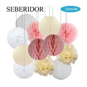 Inne impreza imprezowa zapasy Baby Girl 1st Party Parask Pink Beige White Set Round Lantern Paper Paper Pompom For Wedding Chrzest Płeć Reail Decor 221201