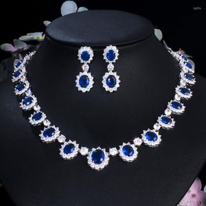 Necklace Earrings Set CWWZircons Gorgeous Full CZ Stones Around Dark Blue Crystal Flower Party Wedding Dress For Women T159