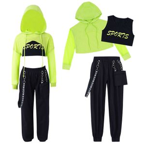 Kleidung Sets Hip Hop Mädchen Jazz Kostüme Kinder Mit Kapuze Net Cover Up Tops Mit Crop Weste Und Hosen Sport Set moderne Dance Street Wear 221130