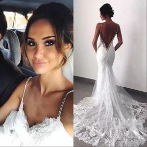 Sexig ny rygglös spetsmästerska bröllopsklänningar Spaghetti -remmar Mermaid Lager Appliced ​​Boho Bridal Gowns BC0129