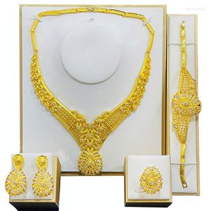 Necklace Earrings Set 24K Gold Waterdrop Full Diamond Bridal Wedding Ring Bracelet Jewelry Original Dubai