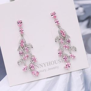 Dangle Earrings Fashion Korean CZ Leaf Shape Cluster Wedding Jewelry Cubic Zirconia Long Drop Bridal For Elegant Women