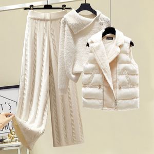 Women's Two Piece Pants Plus Size Winter Warm 3 Set Women Pullover Sweater Wide Leg Lamb Wool Vest Knitted Suit Tracksuit Clothes 221130