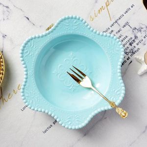 Plates Creativity Relief Pearl Ceramic Nordic Vintage Flowers Blue Glaze Craft Dishes Cake Dessert Plate Living Room Decoration on Sale