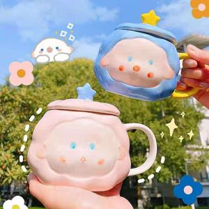 Mugs Korean Cartoon Cloud Ceramic Cup Cute Home Coffee Milk Mug Spoon With Lid Female Student Novelty Couple Gifts