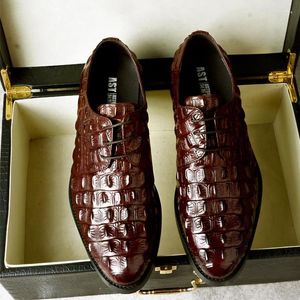 Dress Shoes Phenkang Men Genuine Leather Crocodile Formal Classic Style Burgundy Mens Wedding Lace Up Pointed Toe Oxford ShoesDress