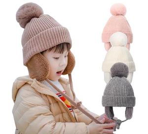 Fur Ball Winter Baby Hats Wool Plush Lining Kids Beanie with Earflap Knitted Infant Bonnet Children Caps for Girls Boys 2-8Y