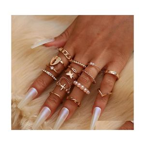 Bandringar Fashion Jewelry Knuckle Ring Set Sier Geometric Faux Pearl Beads Angel Wing Cross Chain Stacking Rings 15pcs/Set Drop Deli Dhiqp