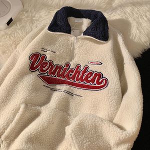 Damen Hoodies Sweatshirts Vintage Brief Stickerei Frauen Harajuku V-Ausschnitt Langarm Pullover Winter Warme Lammwolle Oversize Baseball Tops 221129