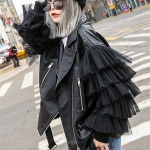 Women s Jackets Lautaro Autumn Short Black Oversized Lace Patchwork Leather Biker Jacket Long Sleeve Loose Womans Clothing Fashionable Outerwear L221130