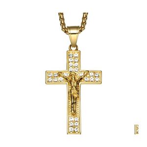 Pendant Necklaces Gold Color Cross Christ Jesus Pendant Necklace Stainless Steel Link Chain Inlay Hip Hop Jewelry Drop Delivery Neck Dhzpu