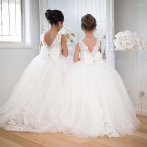 Vestidos de menina Flor fofa para casamento Apliques de arco grande longa vestidos de concurso meninas tule branca tule primeira comunhão