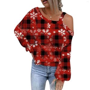 Kvinnors T -skjortor Athletic Wear for Woman Women Christmas Plaid Snowflake Print Asymmetric Dew Shoulder Long Sleeve Blus stickad tröja väst