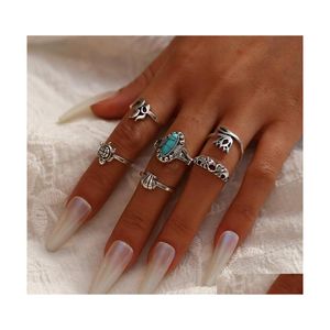 Band Rings Fashion Jewelry Knuckle Ring Set Geometric Animal Turtle Elephant Crown Turquoise Stacking Rings 6Pcs/Set Drop Delivery Dh2Vo
