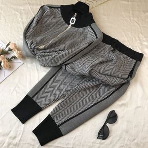 Designer Autunno e Inverno Tute da donna Nuovo modello a strisce Colore a contrasto Manica lunga Pantaloni sportivi maglione Colletto alla moda Cerniera Pantaloni in maglia caldi