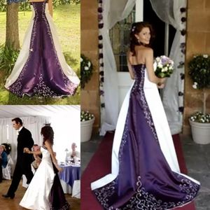 Hot White and Purple Wedding Dresses Embroidery Vestido de Custom made A-Line Strapless Lace up Back Chapel Train Bridal Gowns BO9684 on Sale