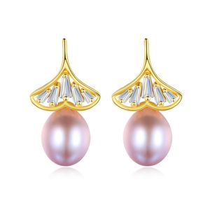 Pearl Dangle Kolczyki S925 Srebrny mikro zestaw 3a Cyrcon Ginkgo Leaf Kolki Europejskie Mody Women Kolki