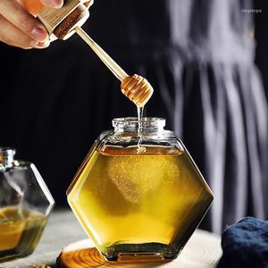 Bottiglie di stoccaggio 2Pcs 380ml Barattolo di miele esagonale in vetro sigillato con coperchio in legno Asta di agitazione Barattolo da cucina per la casa