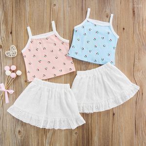 Kläder set spädbarn baby flickor 2 stycken kläder blommigt tryck ärmlösa sling tank tops elastisk midja vit spets kjol sommaruppsättning