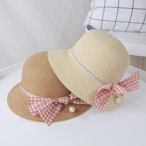 Cappelli H7424 Parasole per bambini Cappello da sole in paglia Bambini Principessa Spiaggia Protezione solare Bowknot Berretto con perle Protezione estiva per ragazze Cappellini dolci