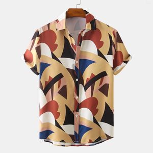 Men's Casual Shirts Summer Men's Vacation Beach Short Sleeve Blouse Top Geometric Pattern Printed Lapel Button Down Shirt Camisas#g3