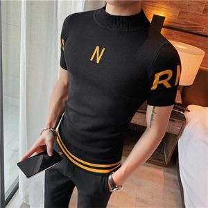 Men's T-Shirts Summer New Letter Print Short Sleeve T-Shirt Men Clothing 2022 Korean O-neck Slim Fit Casual Knitted Tee Shirt Club Social Tee T221202