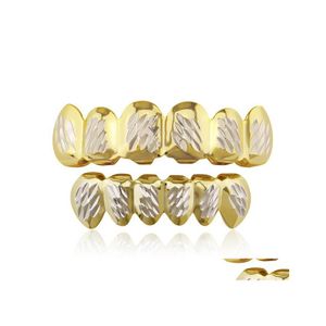 Grillz Dental Grills Hip Hop Grillz Carving Pattern Dental Golden Grills Real Gold Plated Fashion Rapper Body Jewelry Drop Delivery Dh3Cs